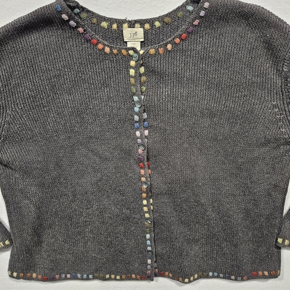 J Jill Cardigan Sweater XSP Petite Embroidered Gray Rainbow Long Sleeve Ramie - Picture 4 of 11